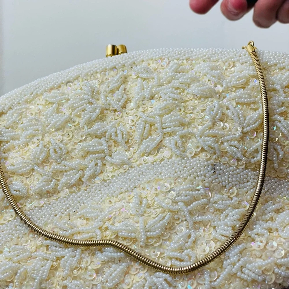 Vintage 60s White Beaded Clutch with Gold Tone Clasp